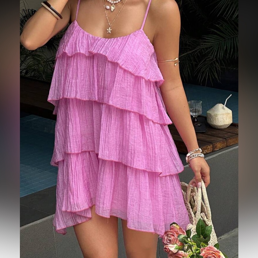 Pink Tiered Mini Dress - Lightweight Ruffle Sundress
